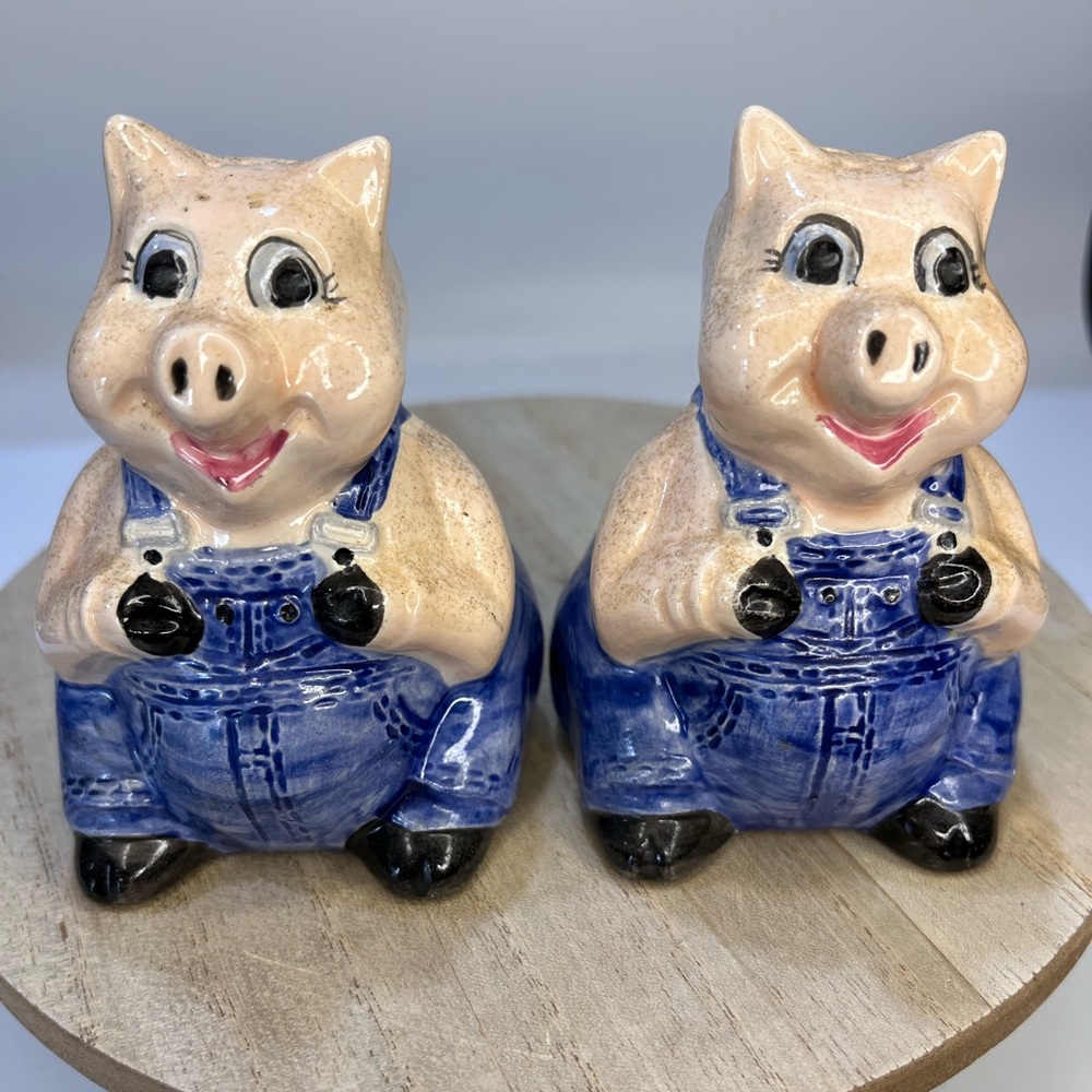 Vintage Anthropomorphic Pigs in Blue Overalls Salt and Pepper Shakers
